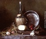 Maureen Hyde Still Life with Wine Flask, Eggs and Cheese painting